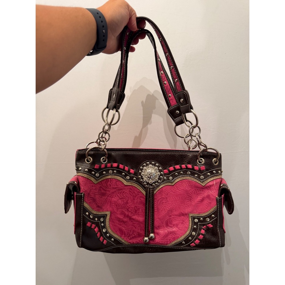 Y2K Western Shoulder Bag Cowgirl Rhinestone Studded Pink Brown US Women's Medium